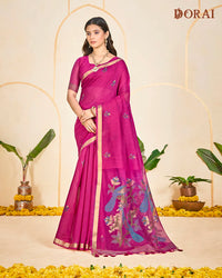 Rose Glow – Rani Muga Cotton Saree with Organza Elegance