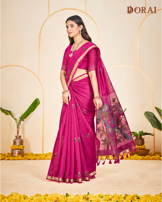 Magenta Jamdani Muga Cotton Saree | Woven Peacock Motifs and Oragana Pallu