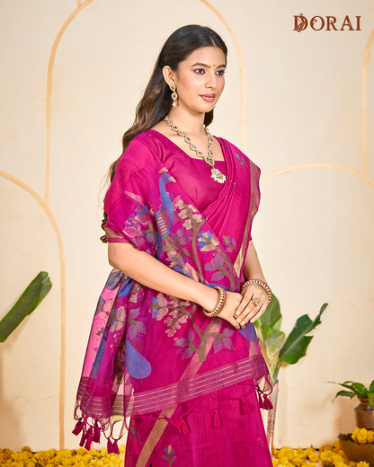 Flame Red Zari Jamdani Muga-cotton Saree | Woven Peacock Motifs and Oragana Pallu