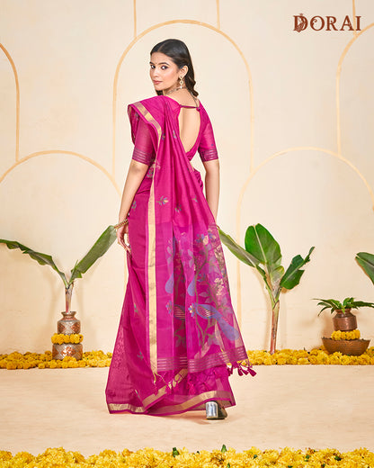 Magenta Jamdani Muga Cotton Saree | Woven Peacock Motifs and Oragana Pallu