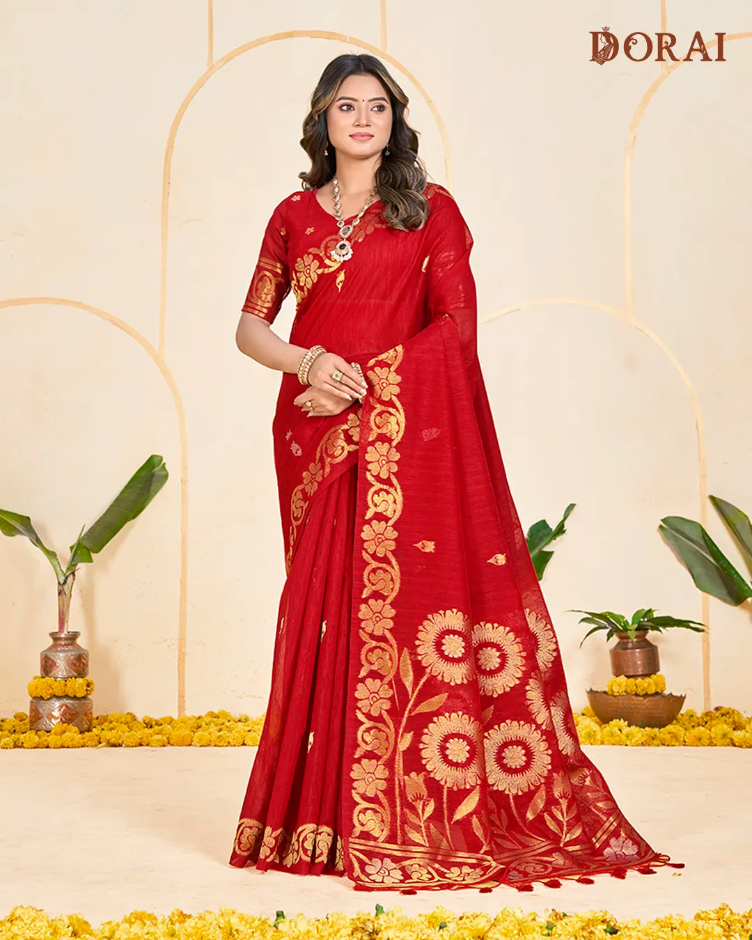 Rani Pink Floral Jute Linen Saree with Sunflower Zari Pallu