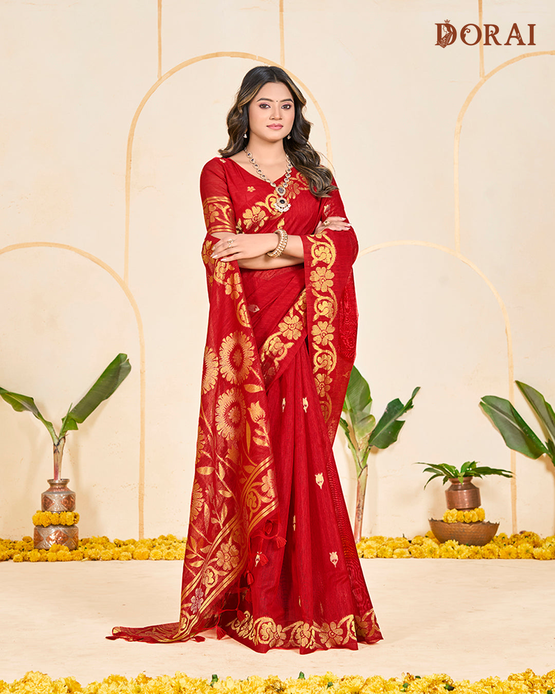 Scarlet Red Zari Jute Linen Cotton Saree | Bright Gold Woven Motifs
