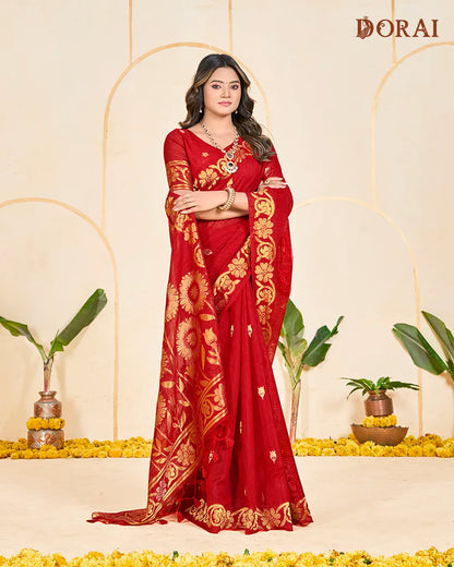 Emerald Weave – B.Green Jute Linen Saree with Floral Artistry