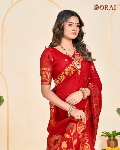 Crimson Heritage – Red Jute Linen Saree with Floral Artistry