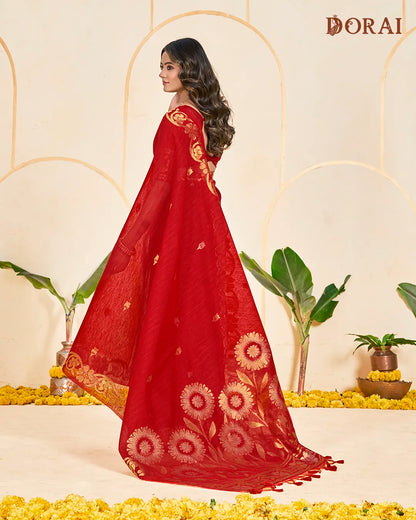 Crimson Heritage – Red Jute Linen Saree with Floral Artistry