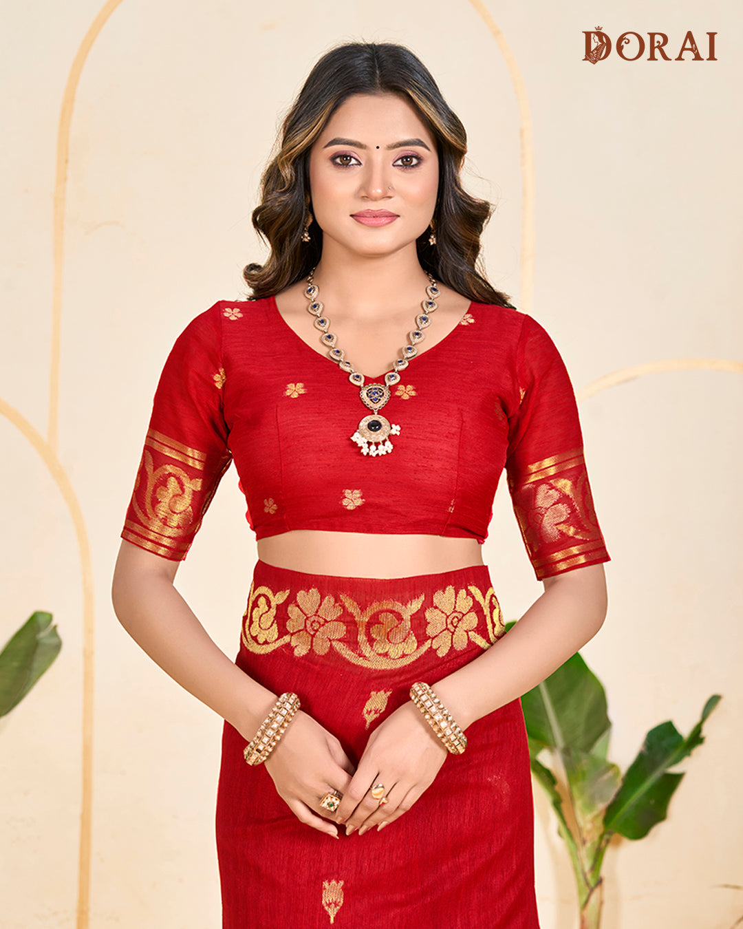 Scarlet Red Zari Jute Linen Cotton Saree | Bright Gold Woven Motifs