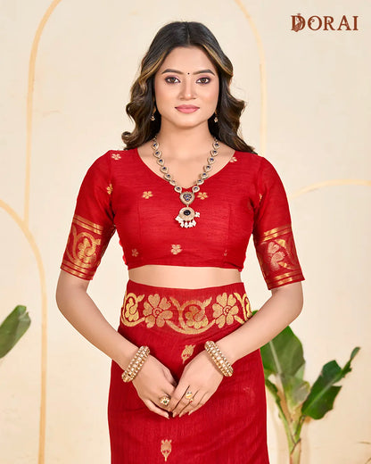 Crimson Heritage – Red Jute Linen Saree with Floral Artistry