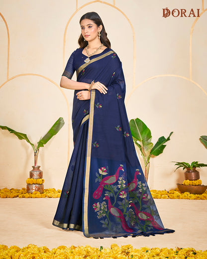 Vivid Magenta Jamdani Muga Cotton Saree | Woven Peacock Motifs and Oragana Pallu