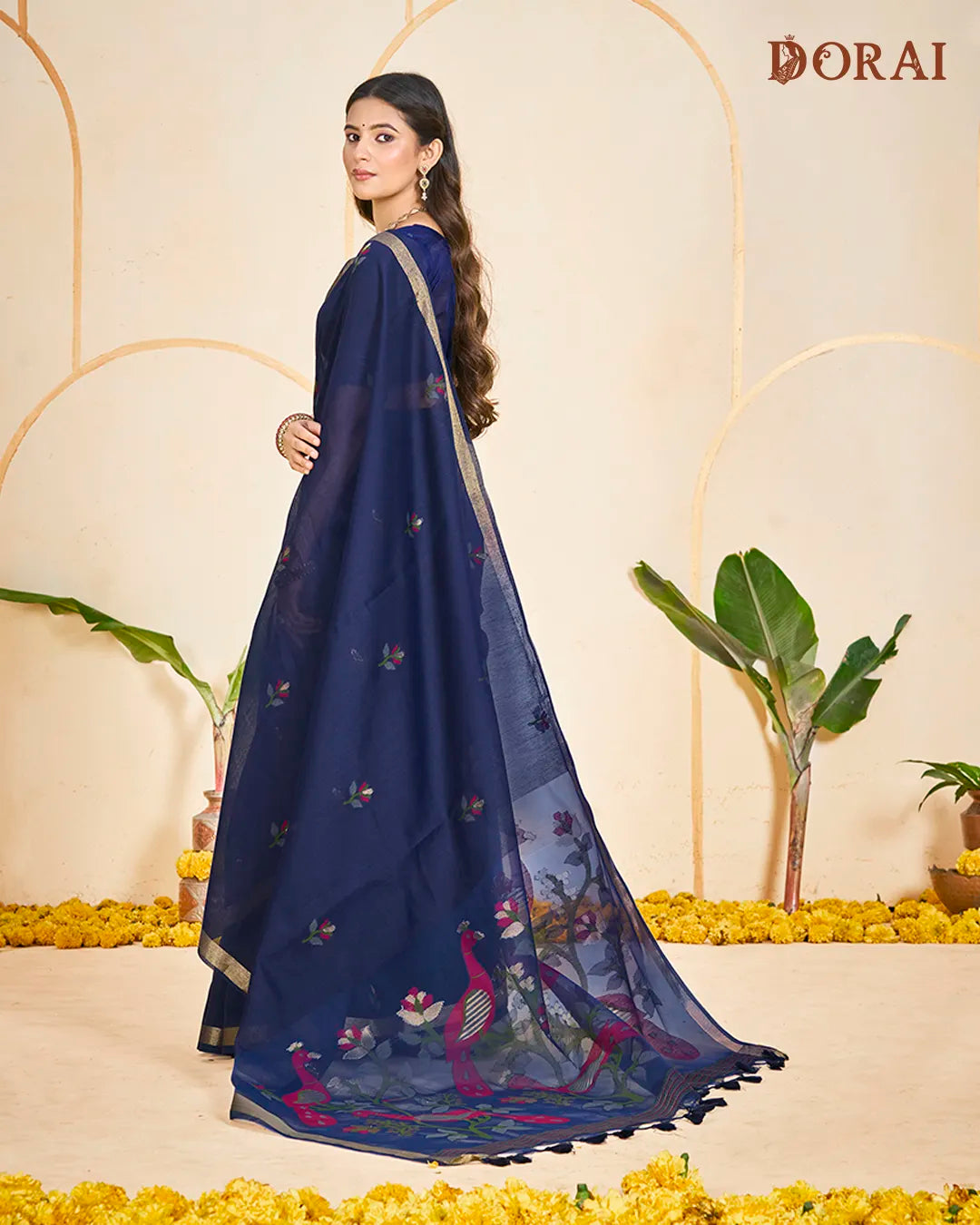 Indigo Flight – Navy Blue Muga Cotton Saree with Heritage Weave