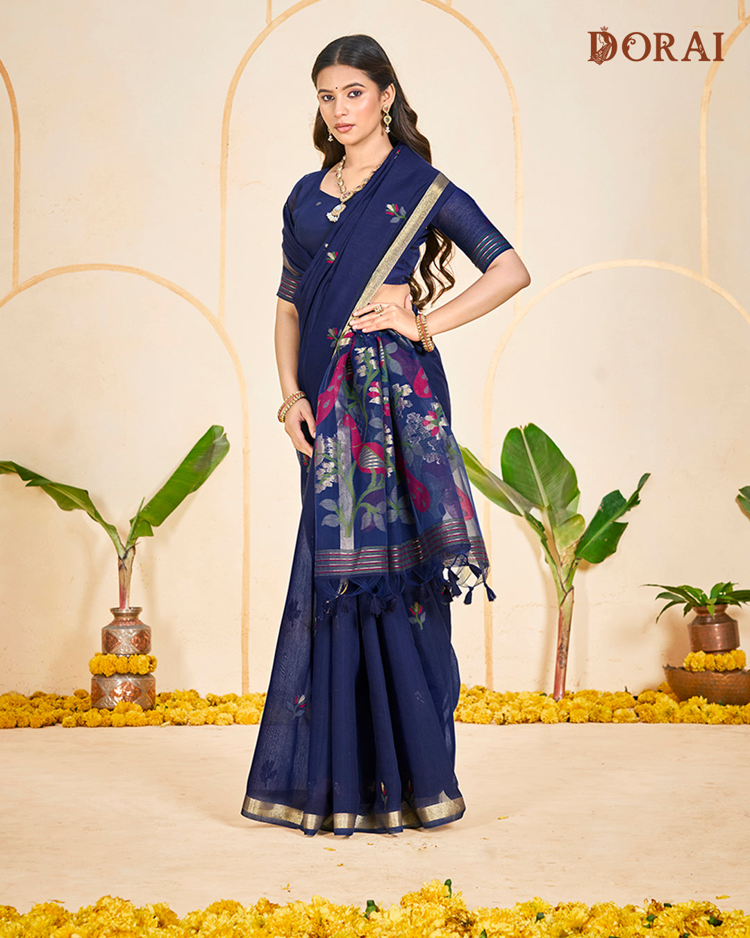 Vivid Magenta Jamdani Muga Cotton Saree | Woven Peacock Motifs and Oragana Pallu