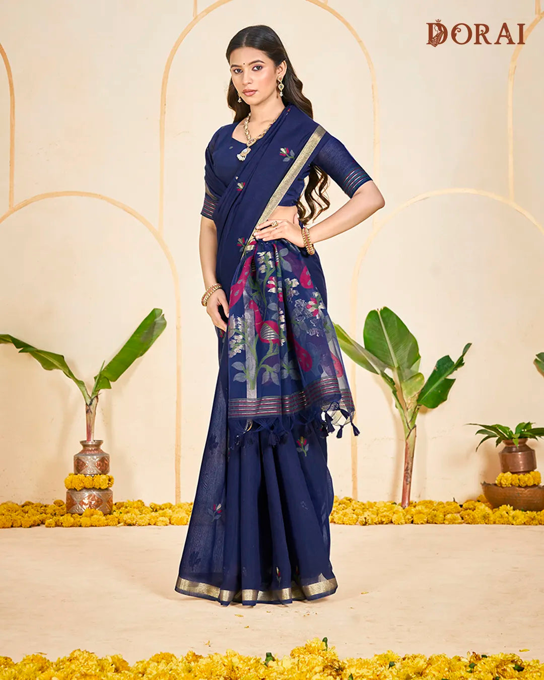 Indigo Flight – Navy Blue Muga Cotton Saree with Heritage Weave