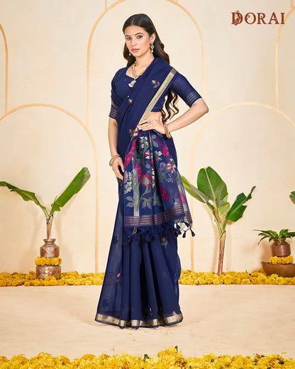 Indigo Flight – Navy Blue Muga Cotton Saree with Heritage Weave