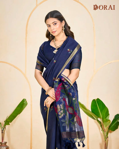 Indigo Flight – Navy Blue Muga Cotton Saree with Heritage Weave