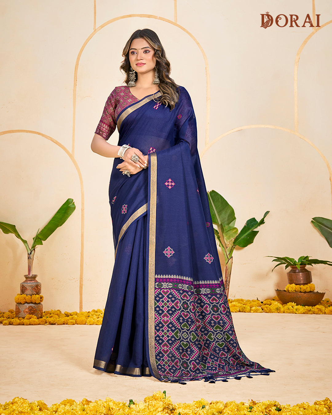 Vibrant Fuchsia Zari Jamdani Muga Cotton Saree | Bengal Woven Patola Pallu