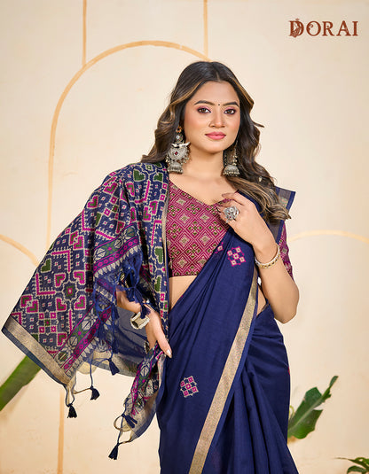 Navy Blue Muga-Cotton Saree with Woven Geometric Patola Pallu Motifs