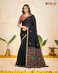 Midnight Weaver – Black Muga Cotton Saree with Patola Pallu Tribal Patterns