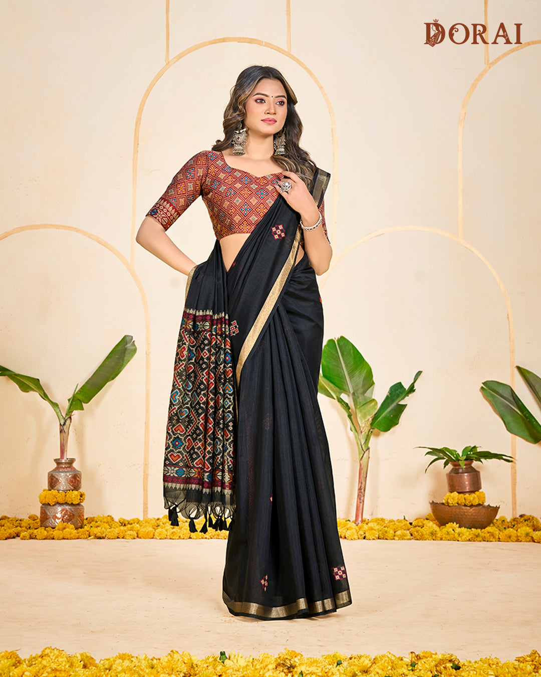 Classic Black Muga-Cotton Saree with Woven Patola Pallu and Border