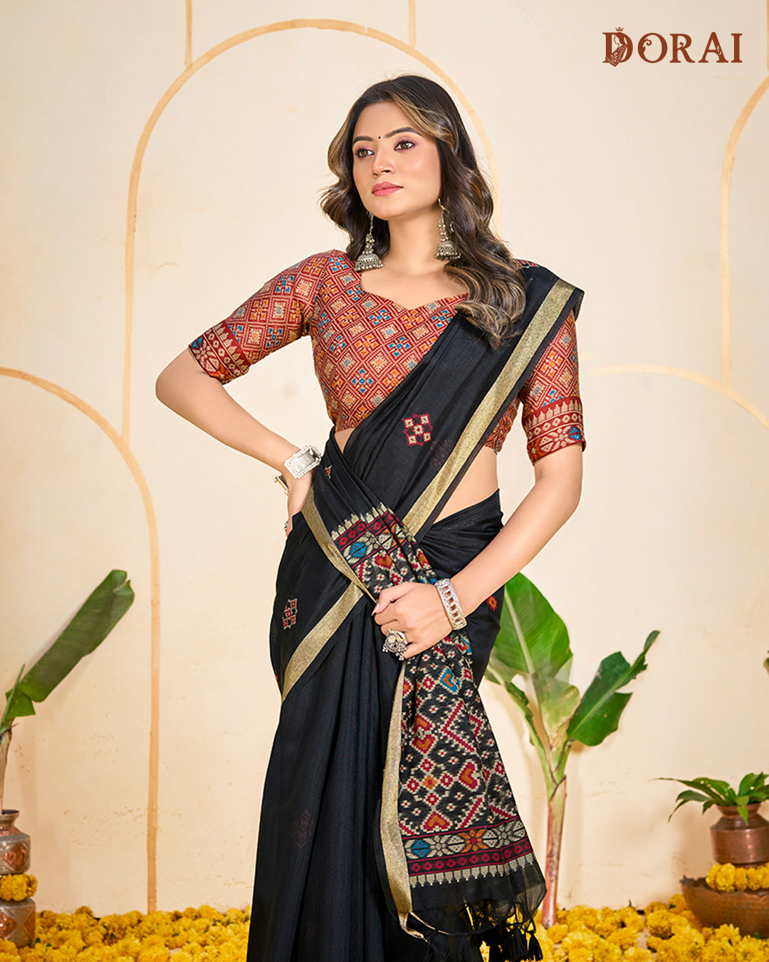 Classic Black Muga-Cotton Saree with Woven Patola Pallu and Border
