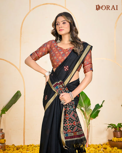 Classic Black Muga-Cotton Saree with Woven Patola Pallu and Border