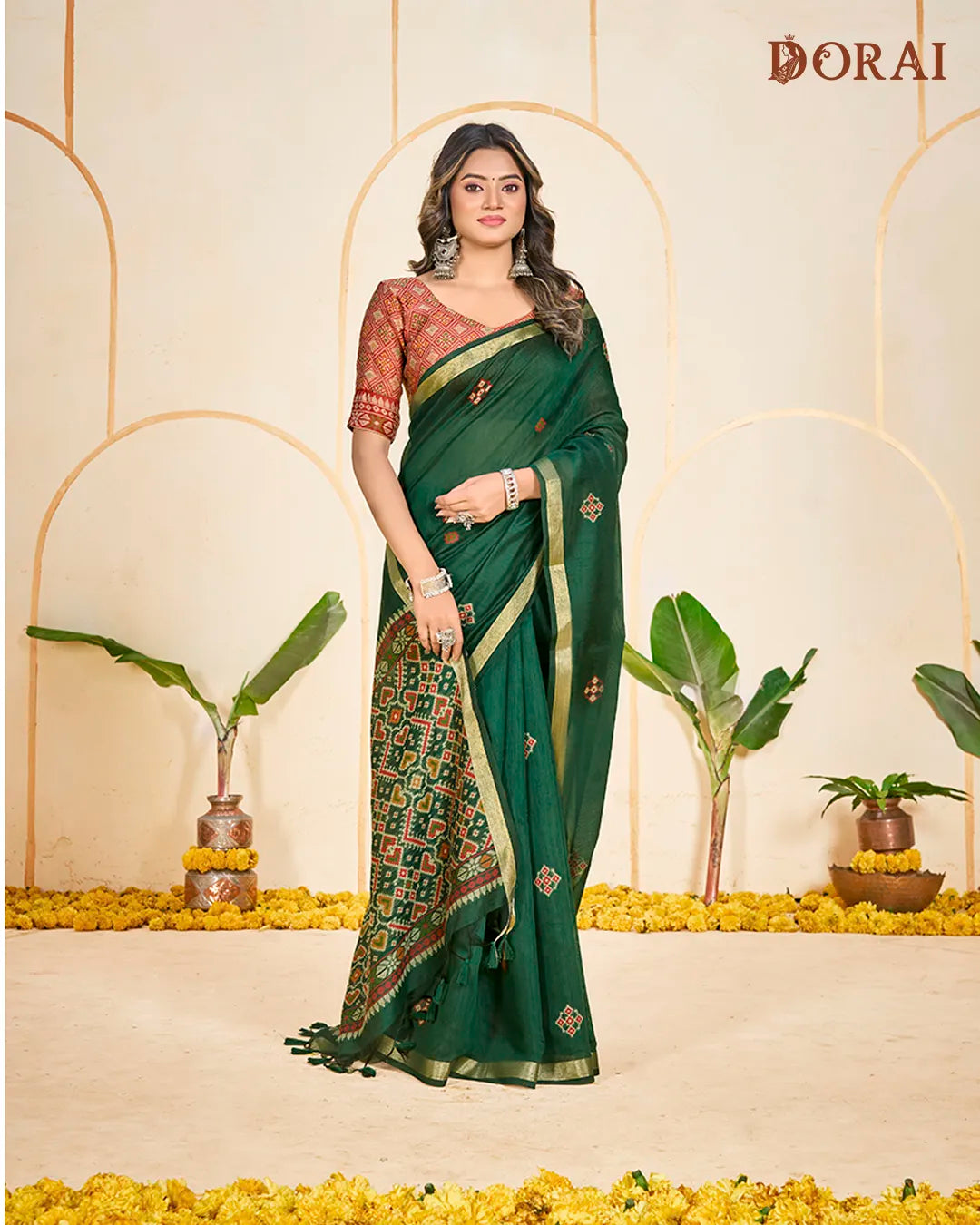 Emerald Heritage – Green Muga Cotton Saree with Patola Pallu Geometric Artistry