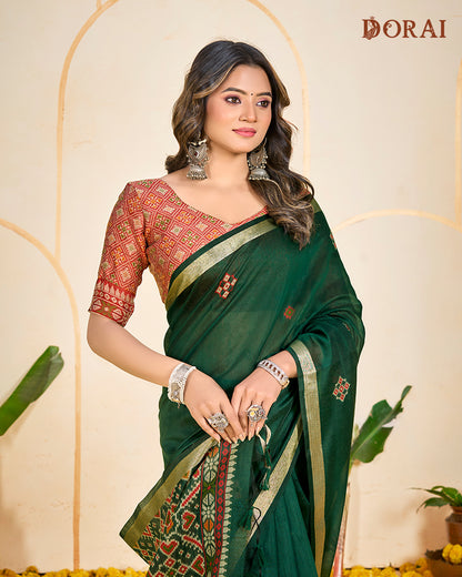 Deep Forest Green Muga-Cotton Saree | Ethnic Woven Jamdani Motifs and Patola Pallu