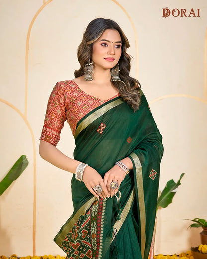 Emerald Heritage – Green Muga Cotton Saree with Patola Pallu Geometric Artistry