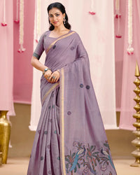 Lavender Grace – Light Violet Muga Cotton Saree with Peacock Artistry
