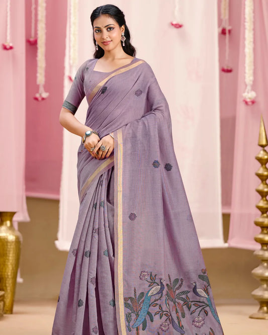 Lavender Grace – Light Violet Muga Cotton Saree with Peacock Artistry