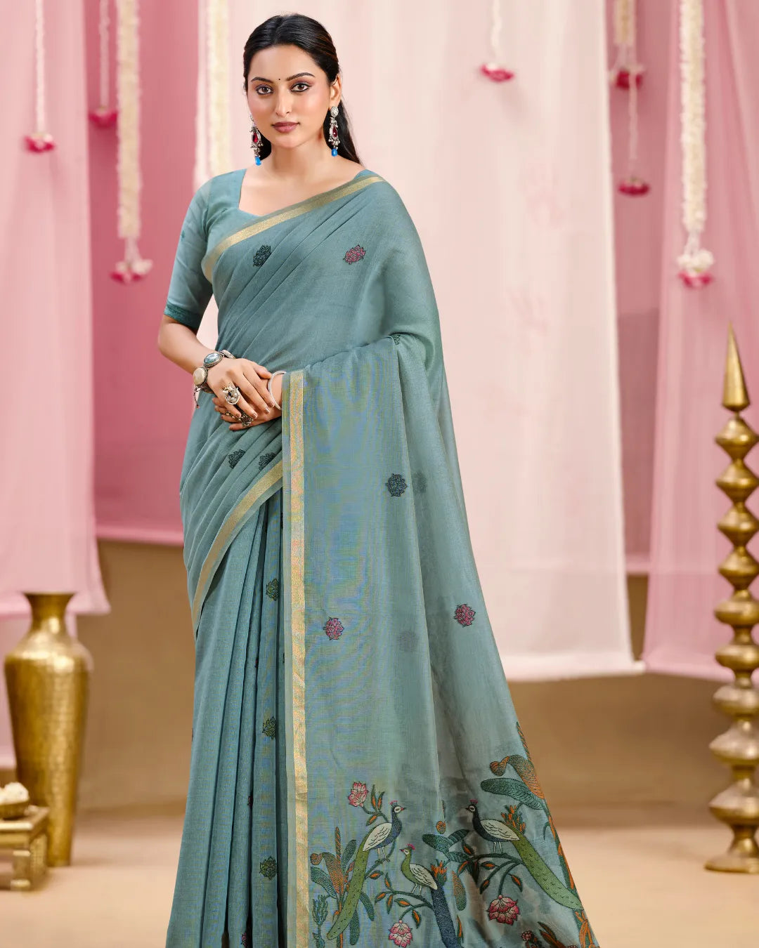 Azure Charm – Light Blue Muga Cotton Saree with Peacock Artistry