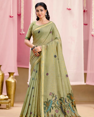 Royal Pista Green Muga Cotton Saree with Peacock Pallu