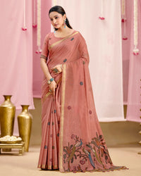 Blush Radiance – Rose Muga Cotton Saree with Peacock Artistry