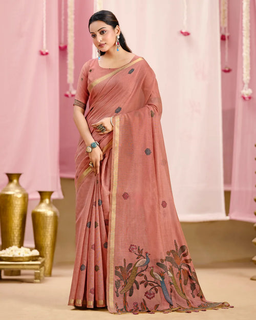 Blush Radiance – Rose Muga Cotton Saree with Peacock Artistry