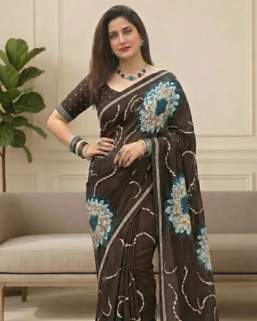 Black Floral Muga Cotton Saree with Fancy Zari Border