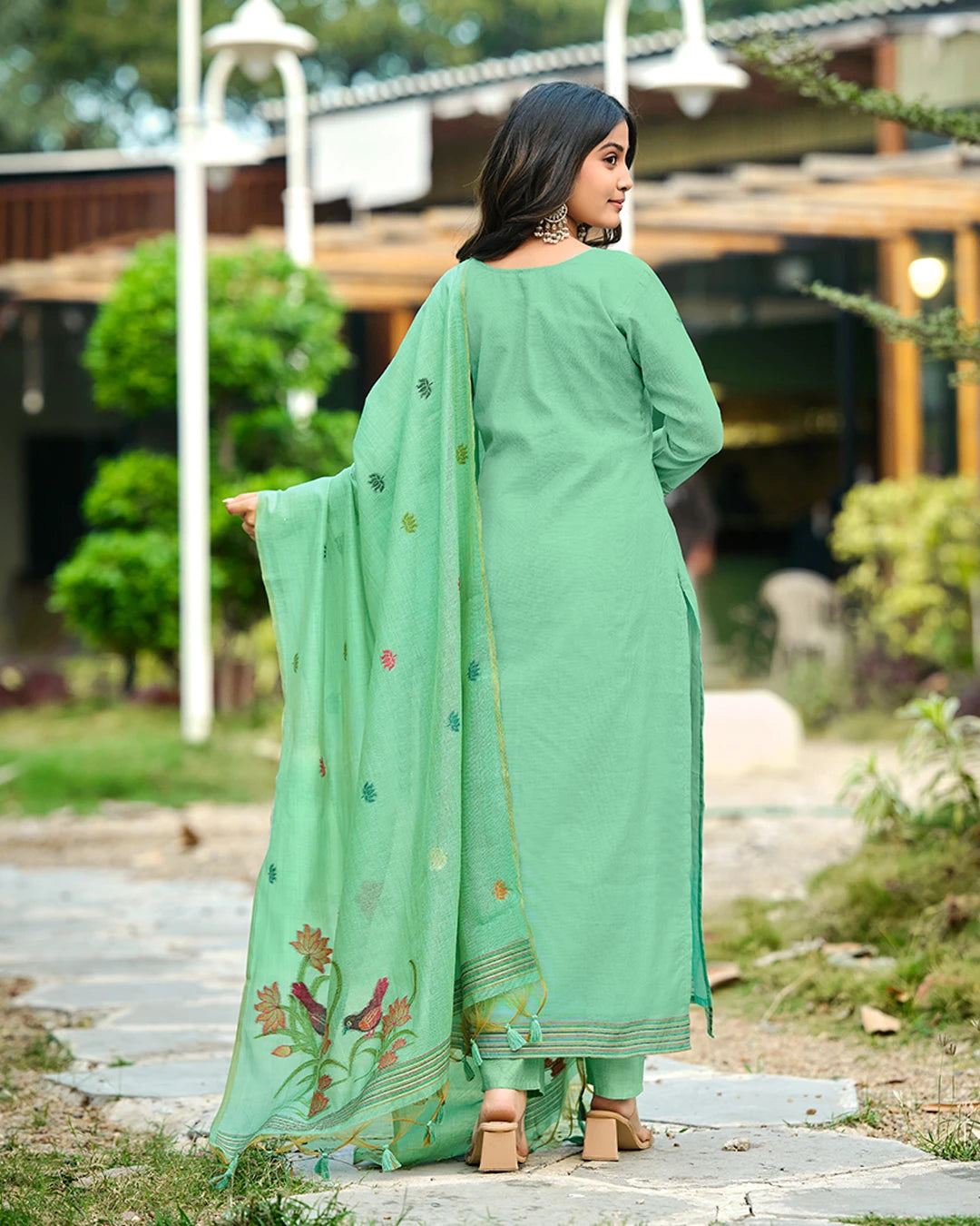 Azure Bloom – Sky Blue Muga Cotton Suit with Butterfly Artistry