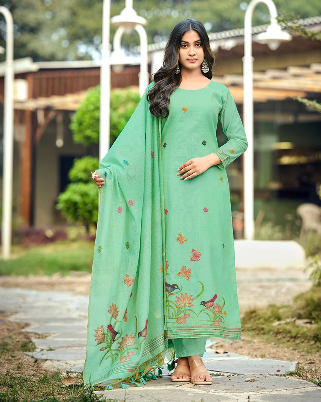 Azure Bloom – Sky Blue Muga Cotton Suit with Butterfly Artistry