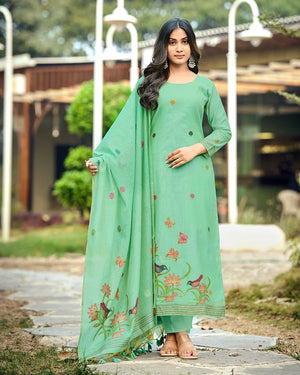 Azure Bloom – Sky Blue Muga Cotton Suit with Butterfly Artistry