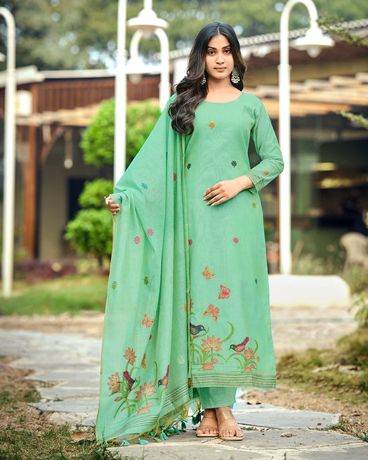 Azure Bloom – Sky Blue Muga Cotton Suit with Butterfly Artistry