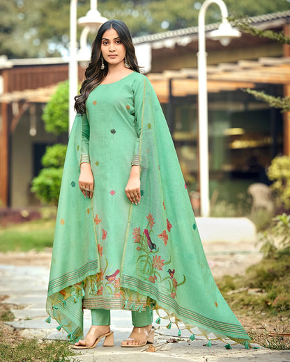 Azure Bloom – Sky Blue Muga Cotton Suit with Butterfly Artistry