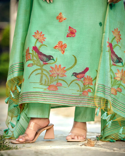 Azure Bloom – Sky Blue Muga Cotton Suit with Butterfly Artistry