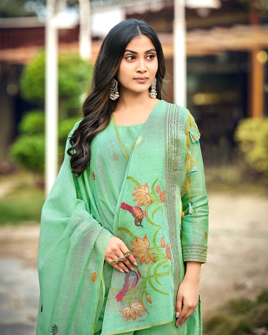 Azure Bloom – Sky Blue Muga Cotton Suit with Butterfly Artistry