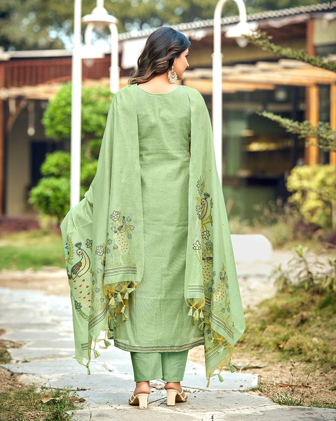 Emerald Heritage – Pista Green Muga Cotton Suit with Peacock Grace