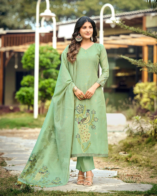 Emerald Heritage – Pista Green Muga Cotton Suit with Peacock Grace