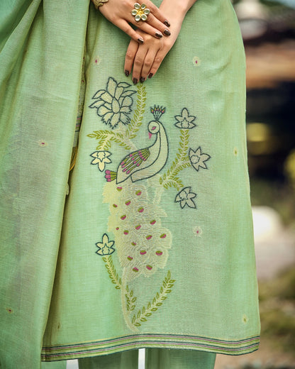 Emerald Heritage – Pista Green Muga Cotton Suit with Peacock Grace