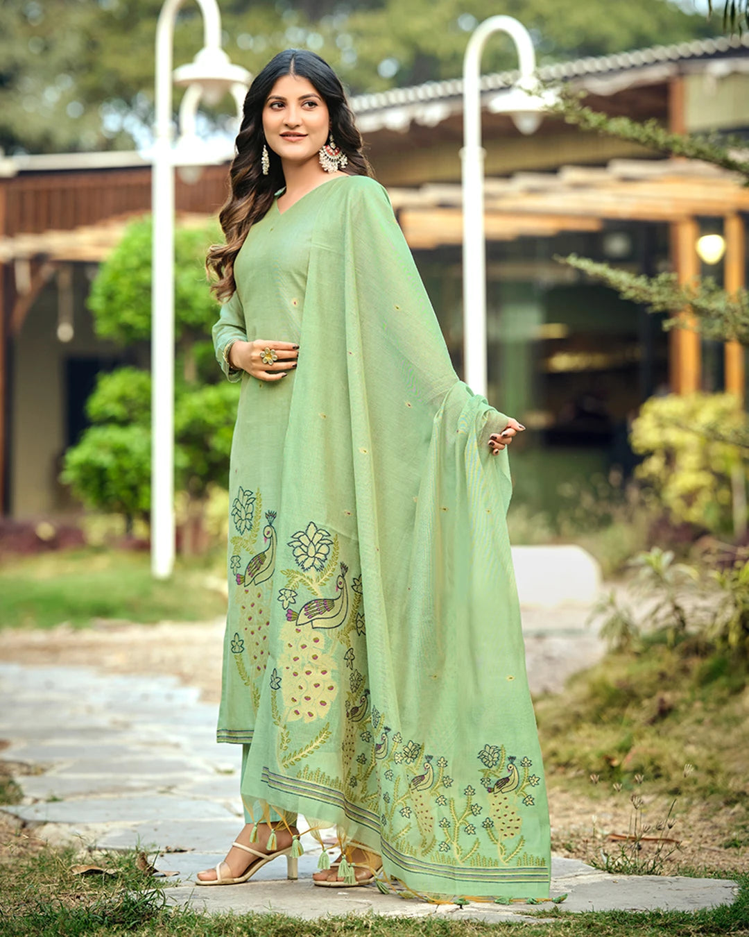 Emerald Heritage – Pista Green Muga Cotton Suit with Peacock Grace