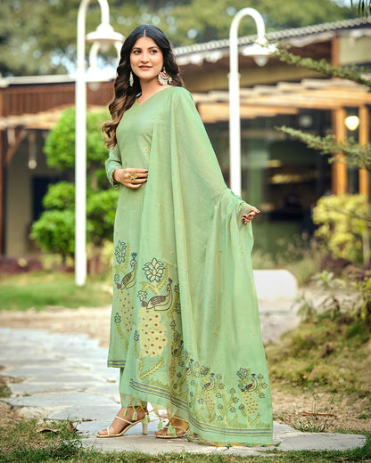 Emerald Heritage – Pista Green Muga Cotton Suit with Peacock Grace