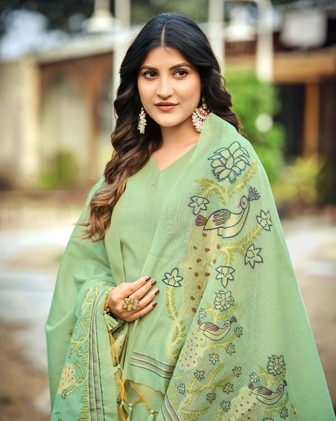 Emerald Heritage – Pista Green Muga Cotton Suit with Peacock Grace