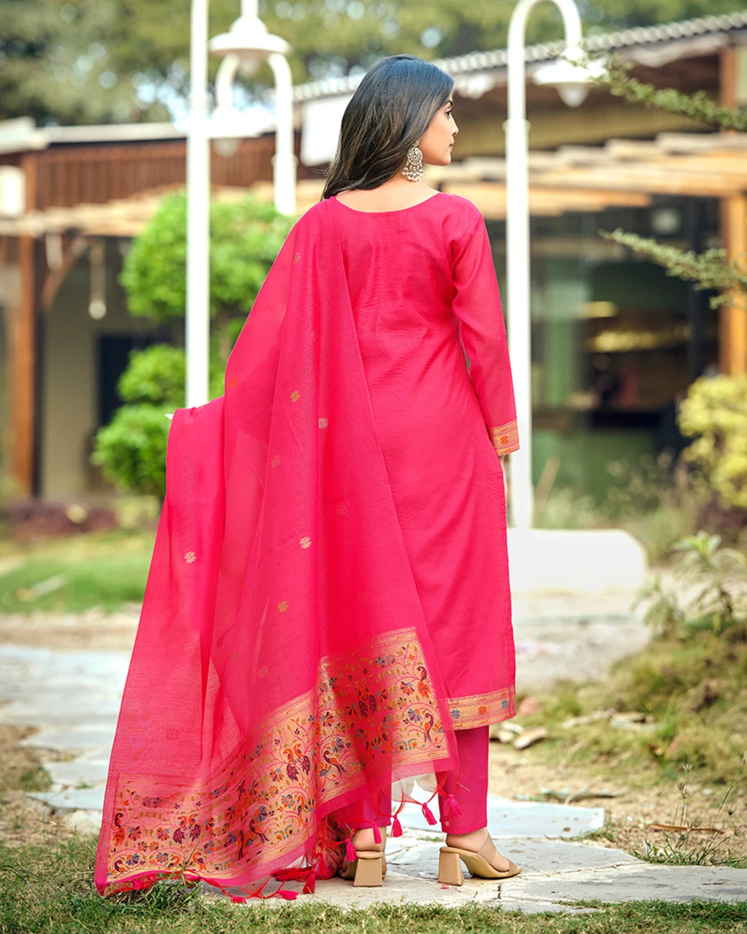 Crimson Radiance – Rani Pink Paithani Suit with Muga Artistry