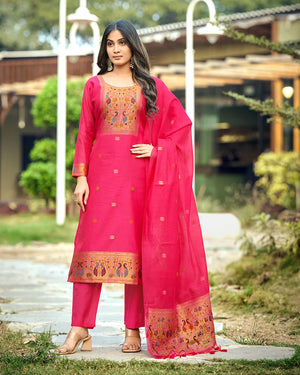 Crimson Radiance – Rani Pink Paithani Suit with Muga Artistry