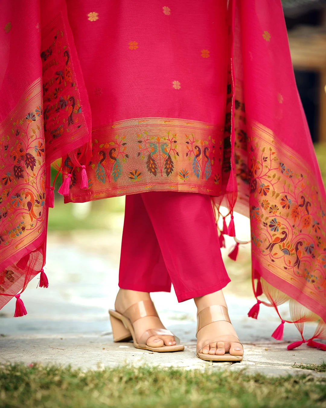 Crimson Radiance – Rani Pink Paithani Suit with Muga Artistry