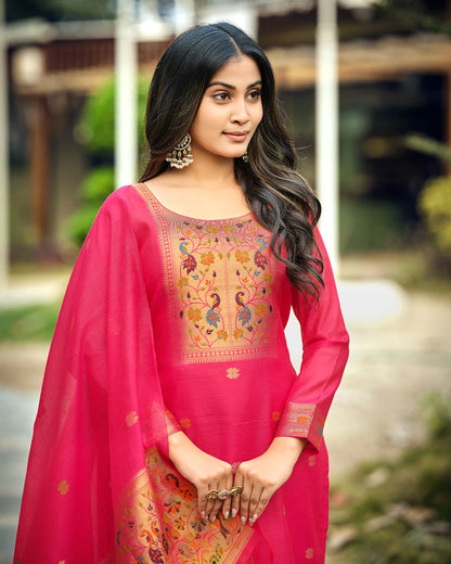 Crimson Radiance – Rani Pink Paithani Suit with Muga Artistry